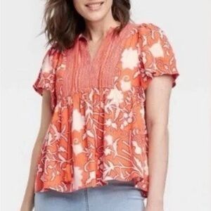 Knox Rose- Bohemian Island Floral Smocked Cropped Yoke Top, XXL nwot
